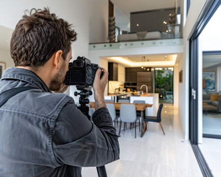 Real Estate Photographers taking an interior photograph inside a modern clean house