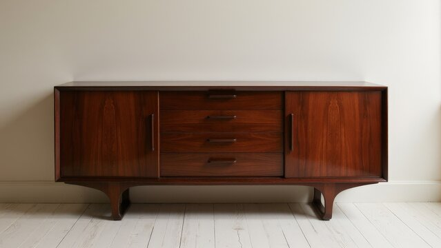 Sleek antique retro dresser in dark wood, blending timeless design with modern simplicity.