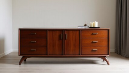 Neutral tones and soft lighting enhance the polished look of this antique retro dresser.