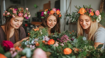 Three young women creating floral crowns together in a relaxed indoor setting, surrounded by an abundance of colorful flowers