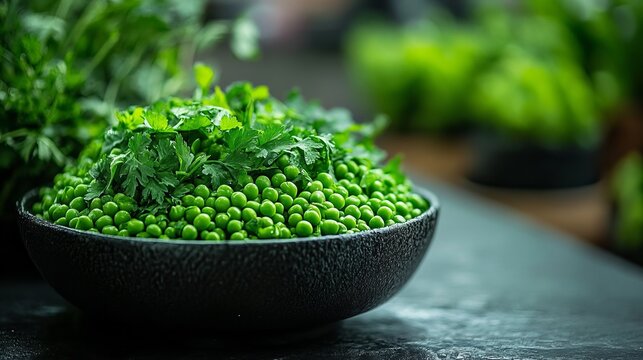 A rustic dark bowl is filled with vibrant green peas and fresh parsley, highlighting the freshness and simplicity of natural, healthy ingredients in the culinary world.