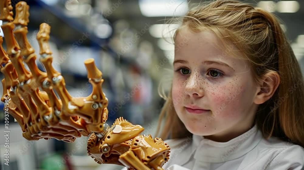 Aufkleber A young girl focuses intently on a robotic hand, marveling at its design and intricate mechanics while participating in a technology workshop.