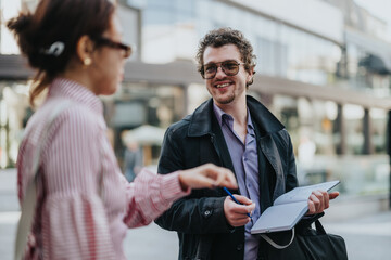 A casual outdoor meeting between two business professionals in a bustling urban area. They appear engaged in a friendly conversation, discussing notes from a notebook. Modern city environment.