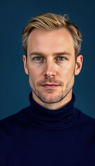 Naklejka premium Man with Light Brown Hair in Dark Blue Turtleneck Sweater on Solid Blue Background