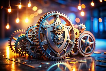 3D Rendering of Gears and Wheel with Shield in Tilt-Shift Photography Style, Showcasing Mechanism and Protection Concept for Technology and Engineering Themes