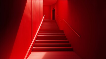 Fototapeta premium Vibrant red staircase with dramatic lighting creating a bold, modern and striking architectural interior showcasing minimalist design perspective