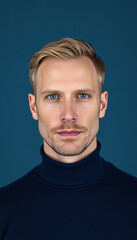 Obraz premium Man with Light Brown Hair in Dark Blue Turtleneck Sweater on Solid Blue Background