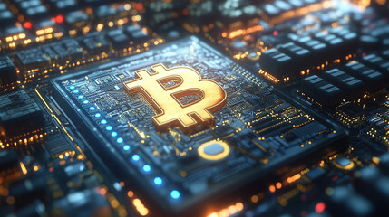 Digital representation of a bitcoin symbol on a circuit board showcasing cryptocurrency mining technology. Generative AI