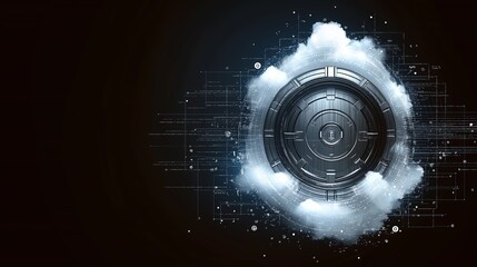 Futuristic digital interface with circular elements and clouds on dark background, symbolizing advanced technology and secure data storage