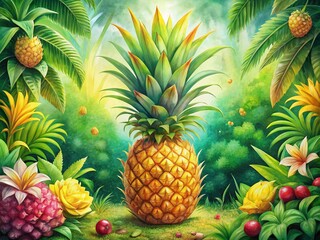 Fototapeta premium A Beautiful Watercolor Illustration of a Ripe Pineapple Surrounded by Lush Greenery and Vibrant Tropical Flowers, Perfect for Culinary and Summer-Themed Designs