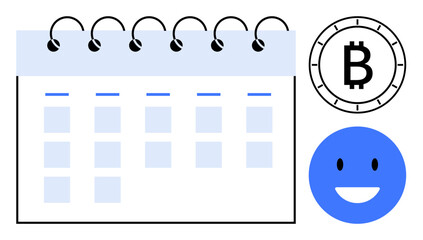 Calendar with spiral binding, Bitcoin symbol, and smiling face emotion signifying excitement. Ideal for financial planning, cryptocurrency events, scheduling, digital currency, financial success