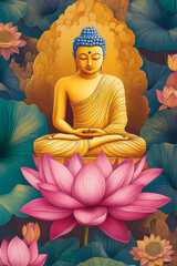 Buddha meditating peacefully atop a vibrant lotus blossom surrounded by lush greenery emulating the essence of 90s goa art style
