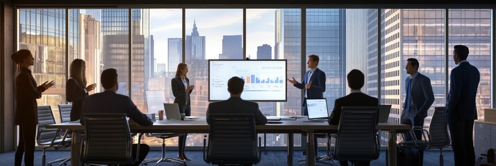 A dynamic and engaging team meeting takes place in a modern office setup, fostering collaboration and innovation among employees to discuss goals and strategies for business growth and success