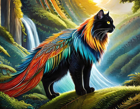 A majestic giant feline with a unique and vibrant twist its fur is replaced by a coat of brilliantly colored feathers, resembling those of a parrot - generated by ai