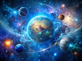 Abstract Cosmos Illustration Featuring a Fragmented Planet Surrounded by Cosmic Elements in Stunning Blue Hues