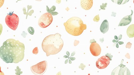 Watercolor fruits and vegetables pattern, food abstract pattern © PD