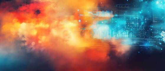 An abstract digital art piece merging vibrant orange and red cloudy textures with futuristic blue technological elements, featuring data visualization patterns and glowing particles. Generative AI.