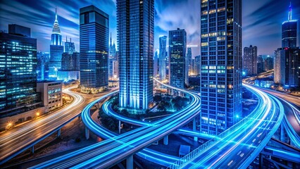 Fototapeta premium Abstract Digital Cityscape with Glowing Blue Lines in Low Light Photography, Featuring Futuristic Skyscrapers and Illuminated Pathways for a Nighttime Urban Atmosphere