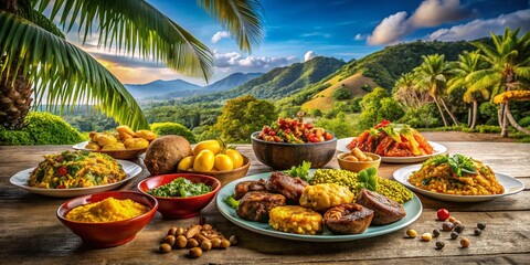 Vibrant Jamaican Cuisine: A Colorful Spread of Traditional Dishes and Exotic Fruits Celebrating the Love for Jamaican Food Culture and Culinary Heritage