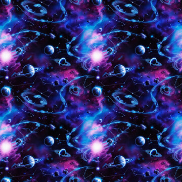 Cosmic pattern with planets, stars, and nebulae on a vivid space background
