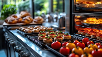 Delicious pastries and tomatoes on a kitchen counter.
