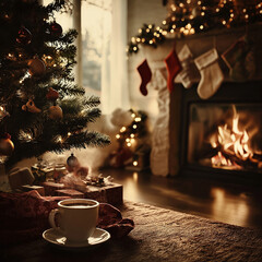 Christmas tree by the fireplace in the midst of winter 