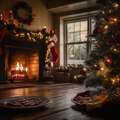 Christmas tree by the fireplace in the midst of winter 