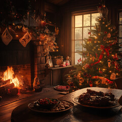 Christmas tree by the fireplace in the midst of winter 