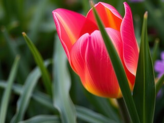 Naklejka premium A close-up of delicate purple flower petals and vibrant green leaves, leaf, vibrant