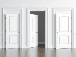 A collection of white open and closed doors with doorframes on a clean white background, minimalism, modern doors, doorframes