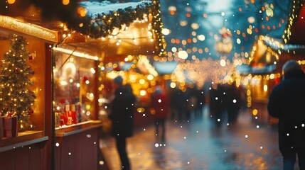 Christmas festive market with vibrant stalls, dynamic movement, soft lighting, festive energy