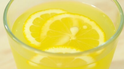 lose-up of a refreshing glass of lemon water with slices of lemon floating on top, showcasing the vibrant yellow color and clear liquid. The image conveys a sense of hydration and health