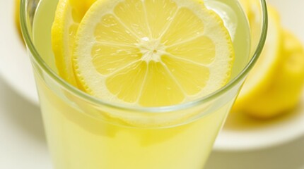lose-up of a refreshing glass of lemon water with slices of lemon floating on top, showcasing the vibrant yellow color and clear liquid. The image conveys a sense of hydration and health