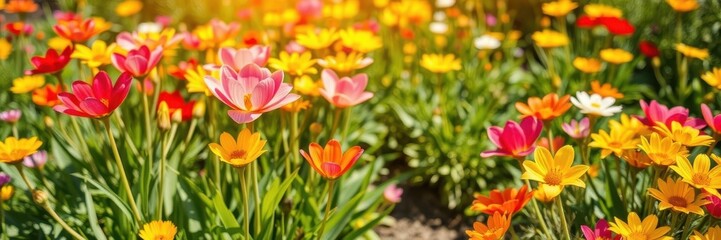 A vibrant line of yellow tulips stretching across a grassy field, natural, bloom, seasonal
