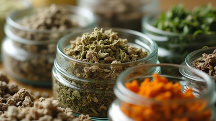 A close-up of a variety of dried herbs arranged in small glass jars, showcasing their textures and colors. concept of herbal remedies, emphasizing natural healing and wellness.