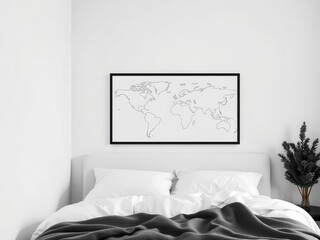 Black and white bedroom with map above wooden headboard, black, wall