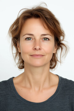 Frau mit 50 Jahren in der Lebensmitte mit kurzen dunklen Haaren