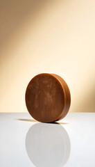 A beautifully crafted round chocolate piece showcased on a sleek surface, emphasizing its rich color against a soft backdrop. Perfect for food photography.