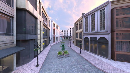 石畳のある街かど　3DCGレンダリング