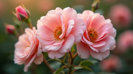 Fototapeta premium A close-up of wild rose flowers in full bloom, showcasing their delicate petals and vibrant colors, with soft natural lighting enhancing the details