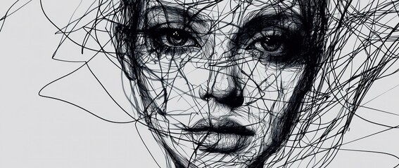 Fototapeta premium Abstract monochrome portrait of a woman with intricate lines creating a tangled effect, expressing emotions of complexity and depth.