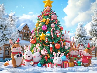 Kawaii-style reindeer and bunny friends decorating a giant Christmas tree with colorful baubles and candy canes