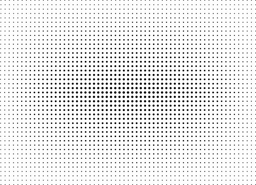 Halftone basic effect of black dots, white background, Abstract pattern, modern style, black circles arranged in rows with large in center to small scattered all around.