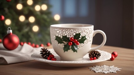 Christmas Mug with Holly Design Ornaments and Soft Bokeh Lights in a Hygge Holiday Scene V3