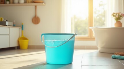 interior photo of a brightly lit room with a vibrant blue plastic bucket, approximately 20 liters in size, positioned prominently in the center of the room, filled with crystal clear water