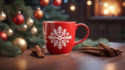 Christmas Mug with Holly Design Ornaments and Soft Bokeh Lights in a Hygge Holiday Scene V6