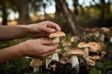 Close-up of hands picking fresh wild mushrooms into a basket in a lush green forest.