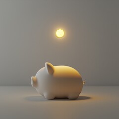Minimalistic image of a ceramic piggy bank with a glowing coin on the wall symbolizing saving, finance, and economic prosperity