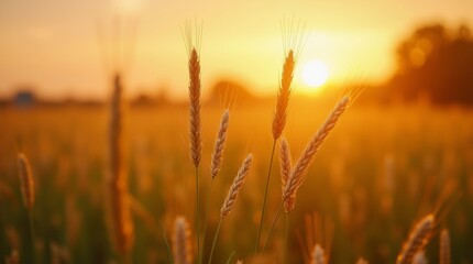 Fototapeta premium cozy meadow with wheat, grain and cereal in the sunset, farm, field, beautiful, golden hour