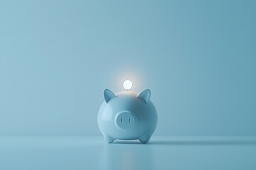Blue piggy bank with a glowing light bulb on top, symbolizing innovative savings and investment ideas in a minimalist setting